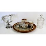 Glass twin branch wall light, wooden tray, dish, and china cups and saucers,