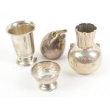 800 grade bulbous silver vase, silver egg cup, an 830S silver cup and a white metal paperweight in