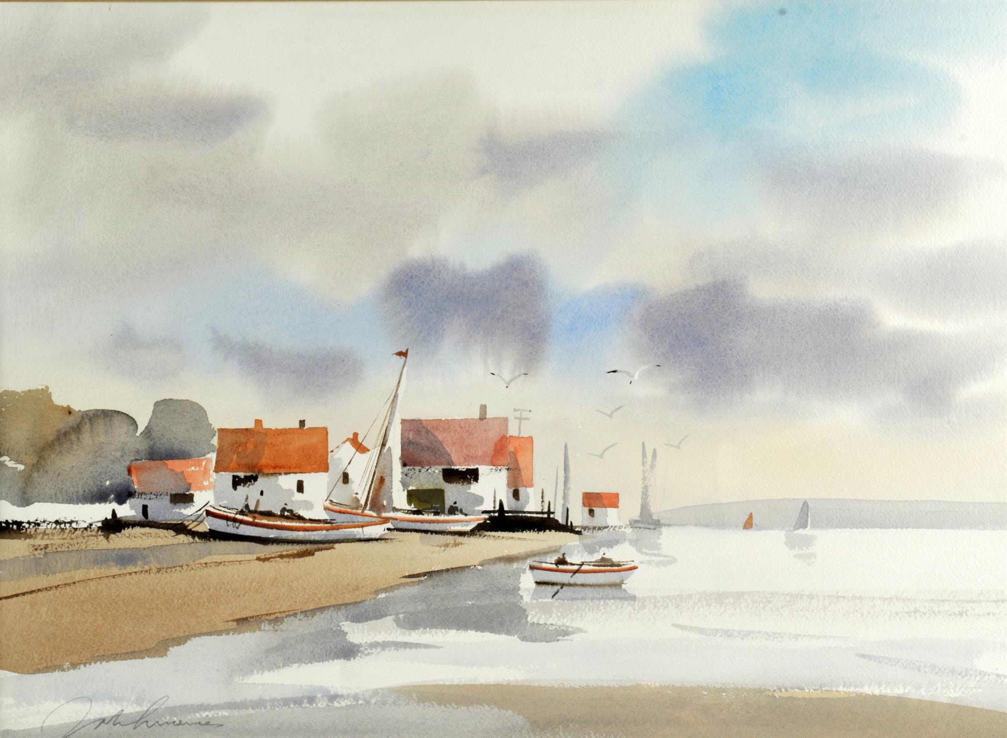 John Lawrence (British, contemporary), pair of watercolour maritime scenes with beached yachts and - Image 2 of 6