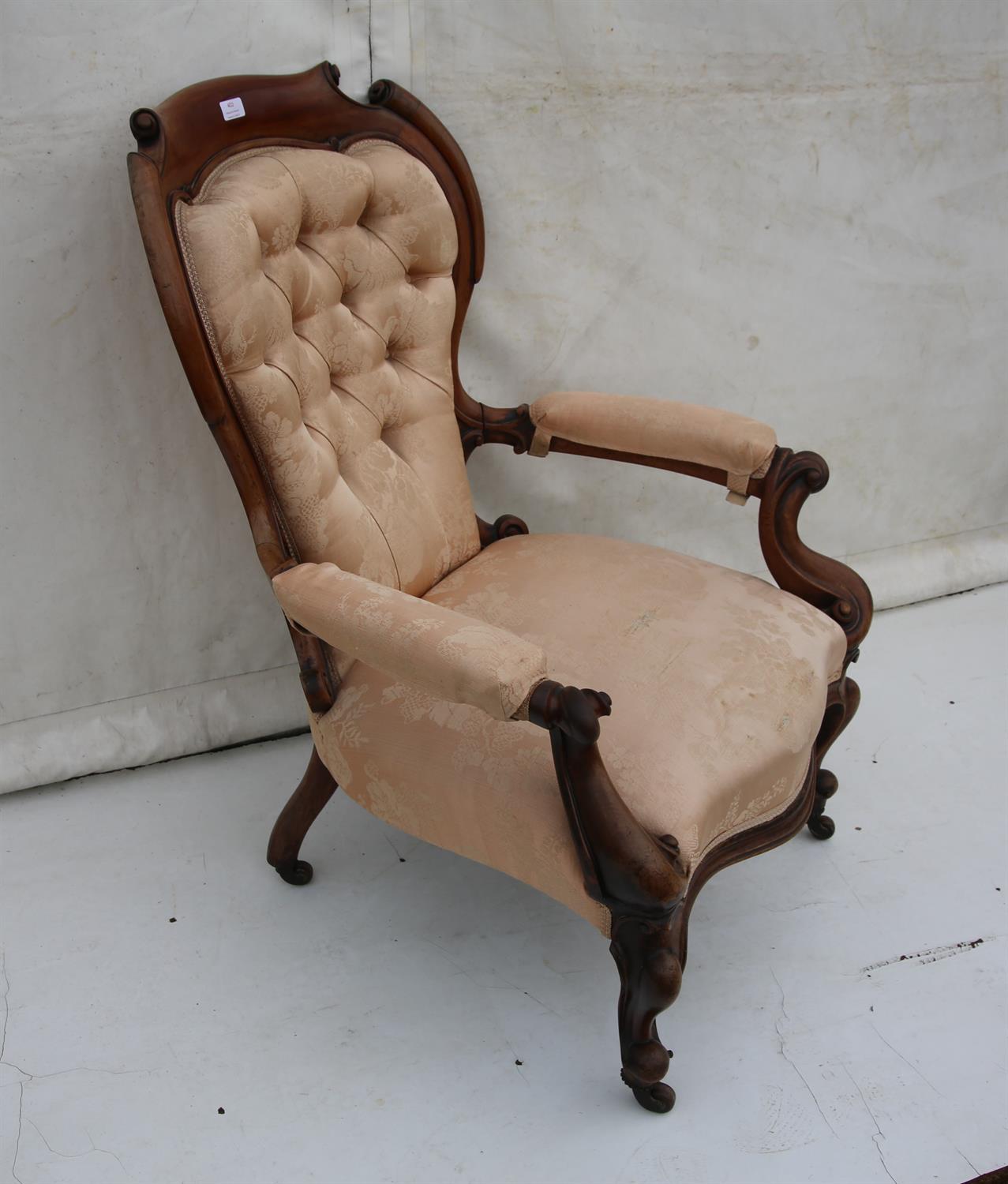 Victorian mahogany fireside arm chair, the button back and padded arms on cabriole legs and pot - Image 2 of 2