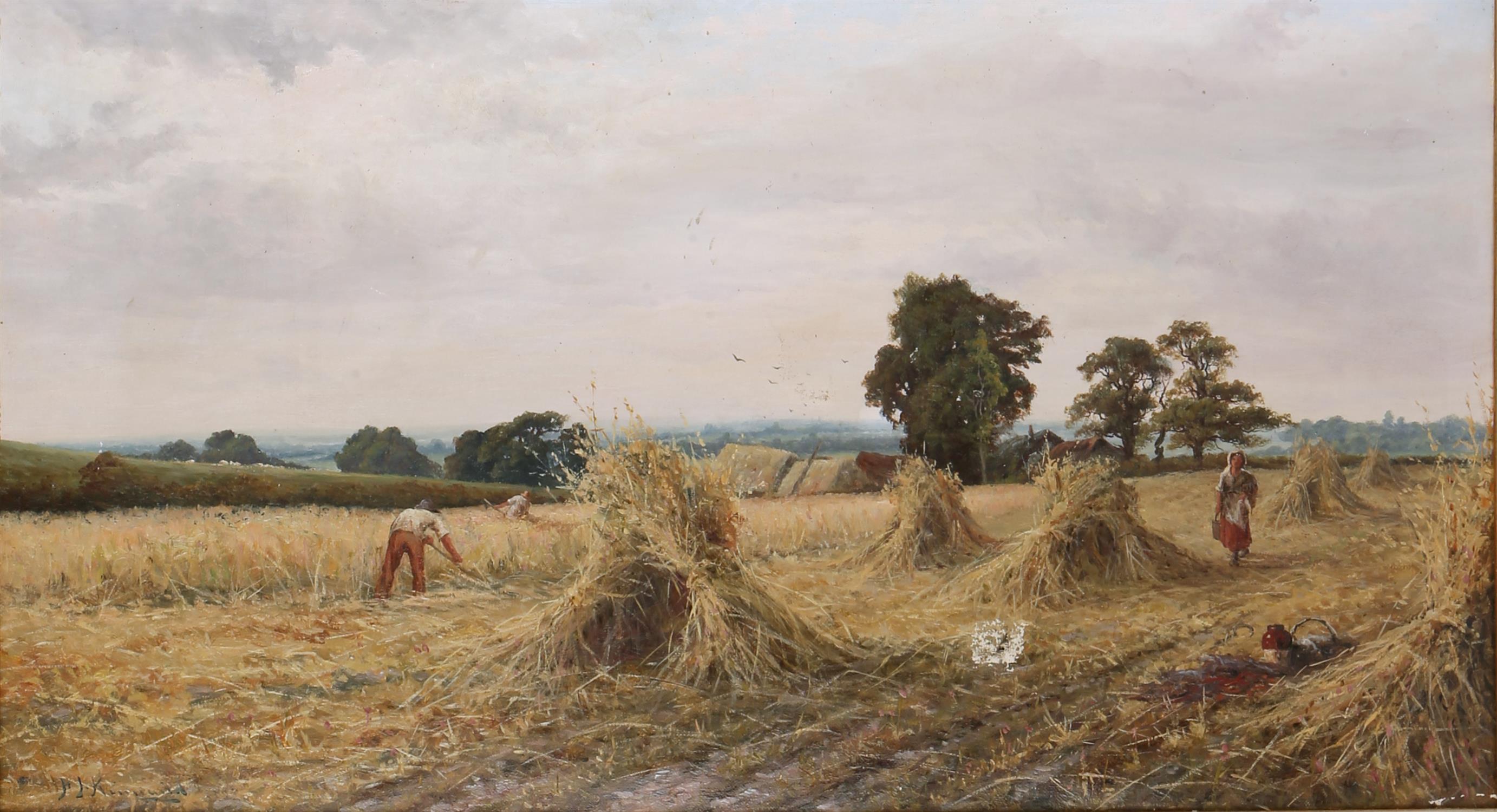 Henry John Kinnaird (British, 1961-1929), rural landscape with haystacks and figures to foreground, - Image 2 of 3