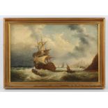 C. Richardson (nineteenth century), stormy seascape with battleship, oil on panel, framed,