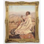 M. Ramsay (South African, twentieth century), man smoking a pipe against a desert landscape,
