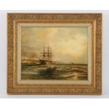 Nineteenth-century European School, seascape with battleship and figures in rowing boat to