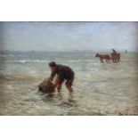 Bernard de Hoog (Dutch, 1867-1943), coastal seascape with figure with fishing basket to foreground,