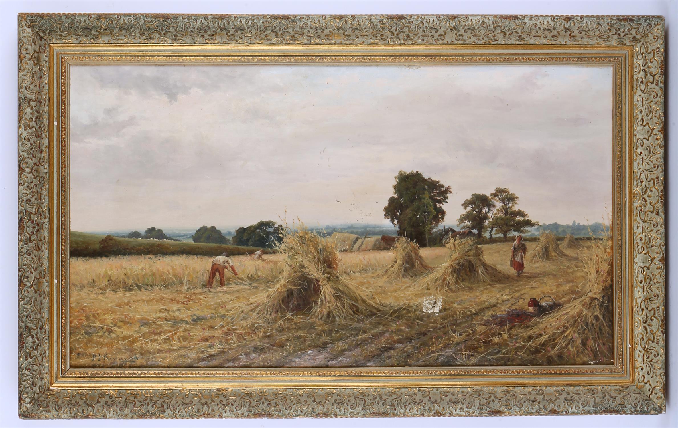 Henry John Kinnaird (British, 1961-1929), rural landscape with haystacks and figures to foreground,