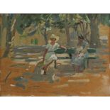§ Dorothea Sharp (British, 1874-1955), park scene with two women sitting on a bench, oil on board,