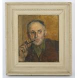 Manner of Claude Rogers (British, 1907-1979), portrait of a gentleman smoking a pipe,