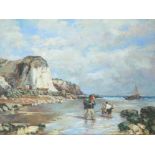P. Seaton (British, twentieth century), coastal scene with figures to foreground, oil on canvas,