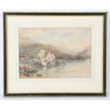 English School, c.1900, landscape with lake and rocks to foreground, watercolour, framed and glazed,