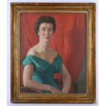British School, c. 1900, portrait of a seated lady against a red curtain, oil on canvas, unsigned,