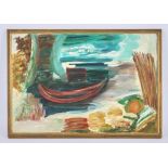 Manner of Ivon Hitchens (British, 1893-1979), abstract study with canoe, oil on board, unsigned,