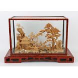 Asian cork diorama with pagodas and trees