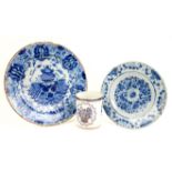 English Delft blue and white plate with floral design, monogrammed on the base MP 4/2 13,