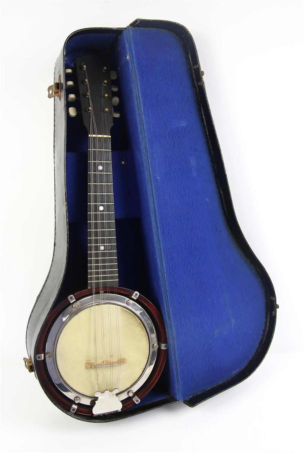 English eight string Banjolin with seventeen frets, mother of pearl dot inlay, stamped 'English