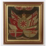 Late nineteenth-century woolwork picture depicting various flags around a laurel wreath,