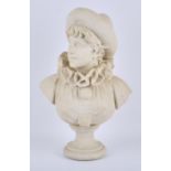 Alabaster bust of a lady in clown costume, on a socle base, marked on the back A. Azza, 54 cm high