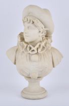 Alabaster bust of a lady in clown costume, on a socle base, marked on the back A. Azza, 54 cm high