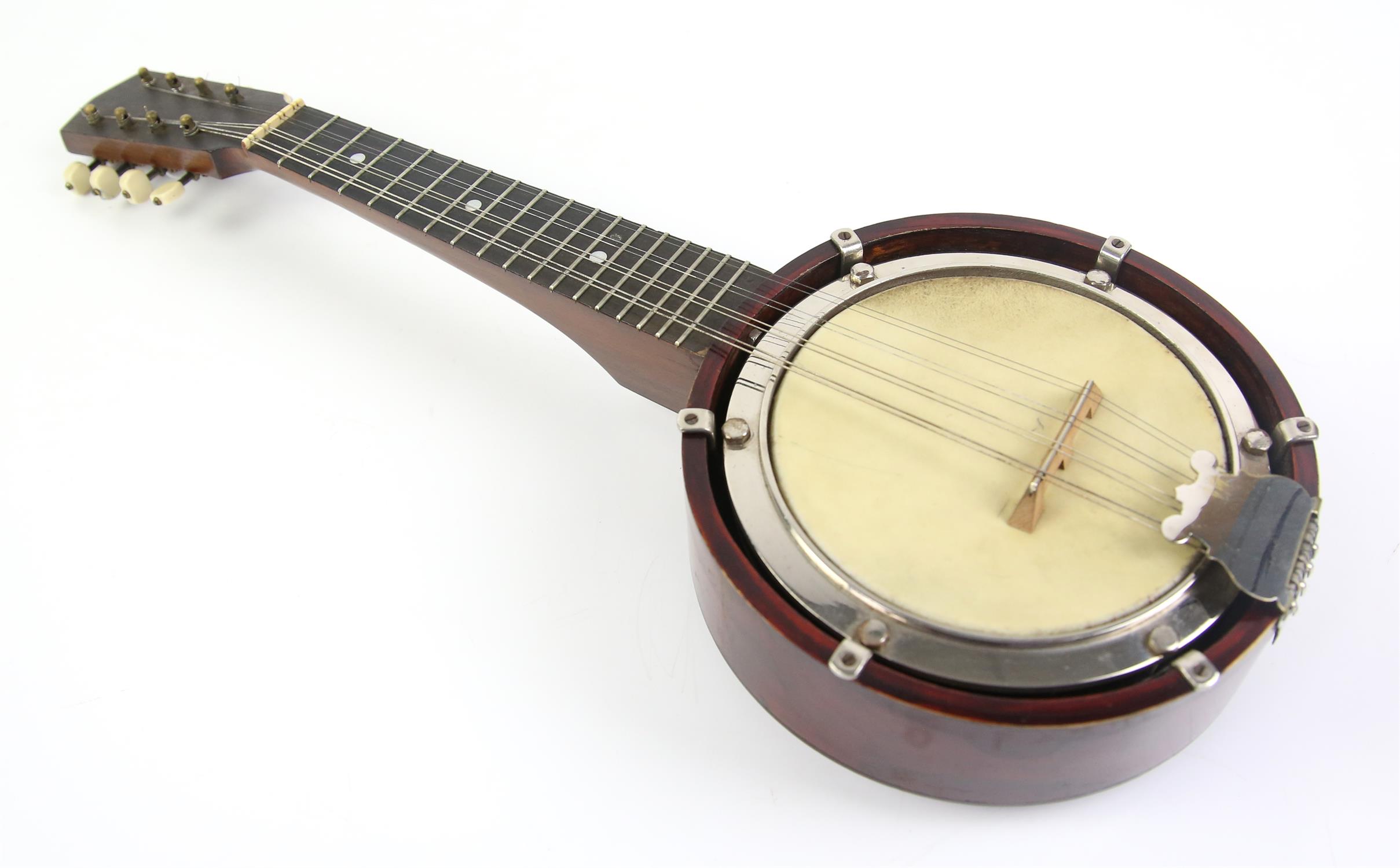 English eight string Banjolin with seventeen frets, mother of pearl dot inlay, stamped 'English - Image 2 of 3