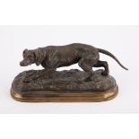 Bronze figure of a setter, signed Y. Mongmiey, on a naturalistic base, 9.5 cm high, 22 cm wide