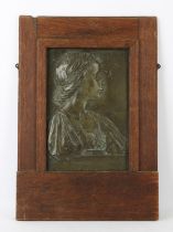 Patinated bronze plaque depicting a young woman in profile, 'My Queen', framed, 33 x 22cm.