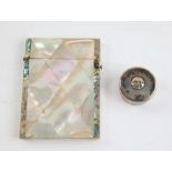 Victorian mother of pearl & abalone card case, 10.5cm x 8cm and a small round white metal box,