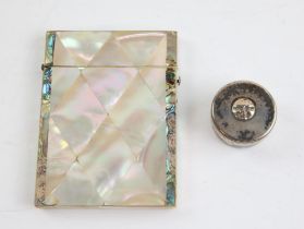Victorian mother of pearl & abalone card case, 10.5cm x 8cm and a small round white metal box,