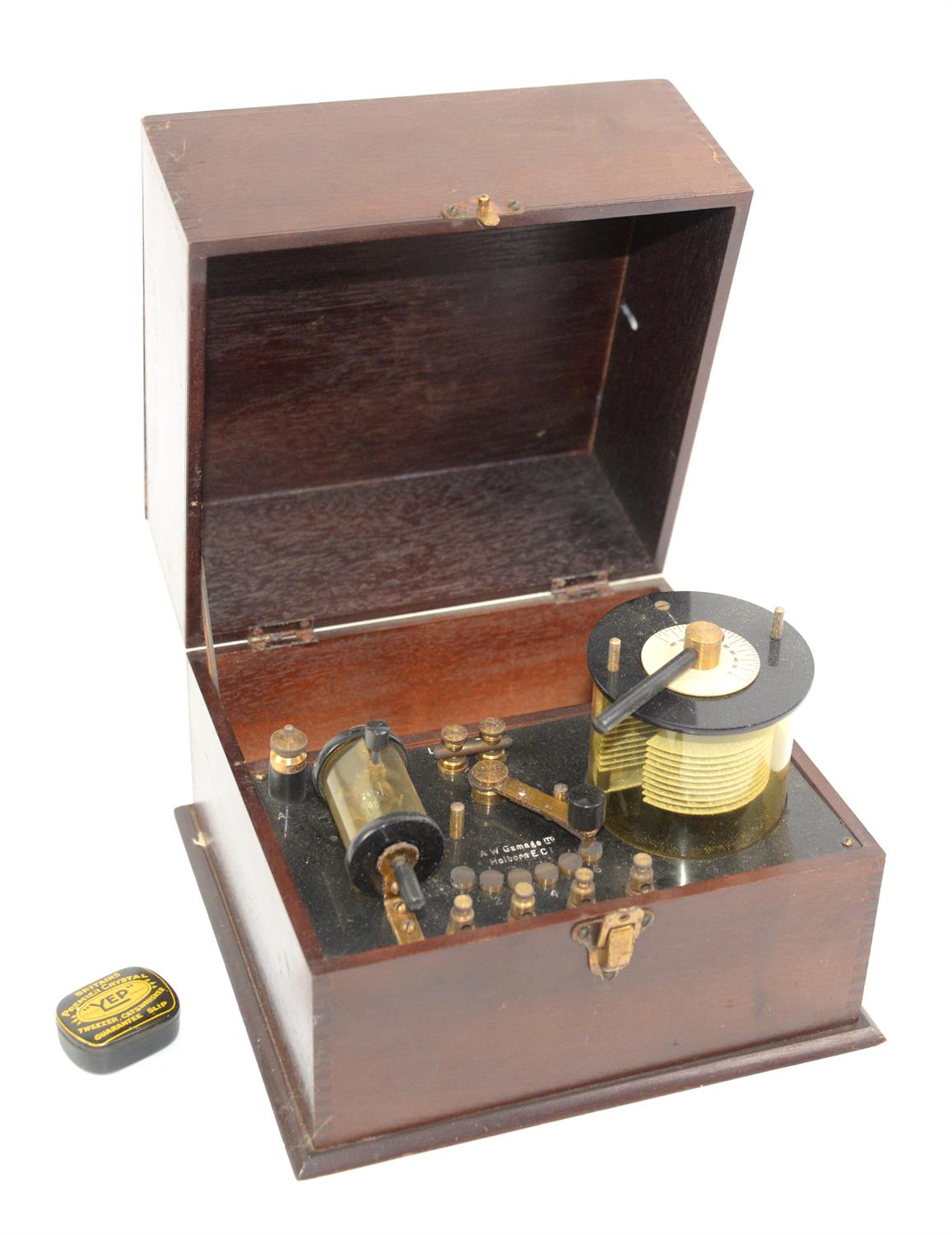 Early 20th century mahogany cased crystal radio set, A W Gamage Ltd - Holborn, EC1