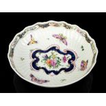 Worcester First Period scale blue and enamelled dish, depicting floral sprays and butterflies with
