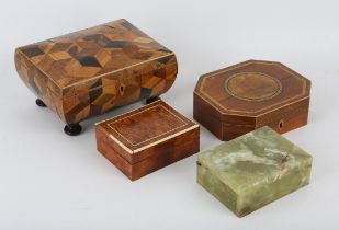 19th century parquetry bombe form box, with pad feet (possibly later), 12 cm high, 21.5 cm wide,
