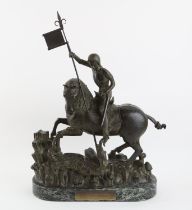 † Late 19th Century bronze figure of Saint George and the Dragon on a green marble base with
