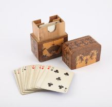 Tunbridge ware playing card Bridge case, with marquetry and white painted sides depicting foliate