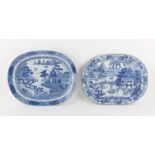 19th century blue and white printed meat plate, depicting figures in a landscape with a bridge and