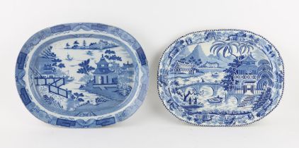 19th century blue and white printed meat plate, depicting figures in a landscape with a bridge and