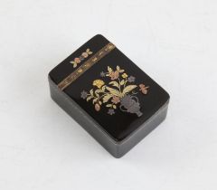 George III tortoiseshell and yellow metal pique snuff box, of rectangular form, the hinged cover