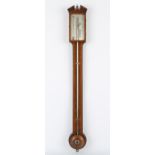 Mahogany and line inlaid mercury stick barometer with silvered dial and mercury thermometer,