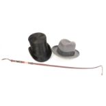 Horrocks & Sons, Blackburn, top hat, Dunn & Co.Ltd grey trilby, pair of white kid gloves and