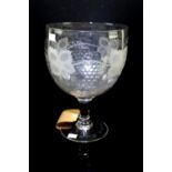 19th century large wine glass cut with grapes and vines, on round foot, 31.5cm high,