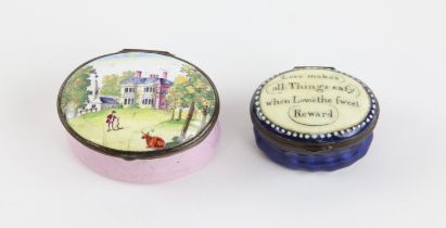 Late 18th / early 19th Bilston enamel oval patch box " Love makes all Things easy when Loves the