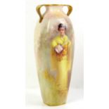 Doulton Burslem twin-handled vase painted with a geisha playing a Shamisen, by Louis Bilton,