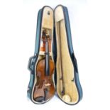 19th/20th century Duke violin with spruce top and two-piece maple back stamped 'DUKE' with lion's