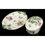 Worcester First Period small dish, with cover and saucer, all with floral sprays and branch handles