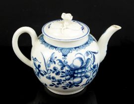 Worcester First Period blue and white globular tea pot, with floral knop and decoration,