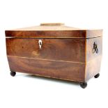 Early 19th century mahogany and boxwood strung tea caddy, of sarcophagus form, enclosing three