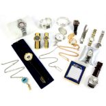 Selection of ladies' and gent's fashion watches, some boxed, two modern pocket watches,