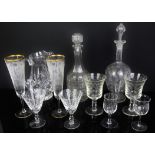 Mixed lot of various table glass to include a part suite of etched and slice cut wine glasses on
