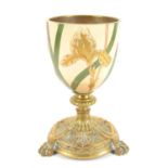 Messanger oil lamp base, 19th Century, decorated to the body with gladioli, on a polished brass