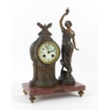 French spelter mantle clock, the two train movement striking on a bell, standing on a marble base