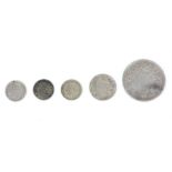 Silver 1862 India Rupee coin and 4 other Victorian/Edwardian silver Indian coins