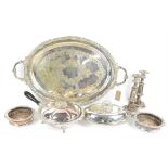 A quantity of silver plated wares to comprise: a pair of bottle coasters, a pair of candlesticks,